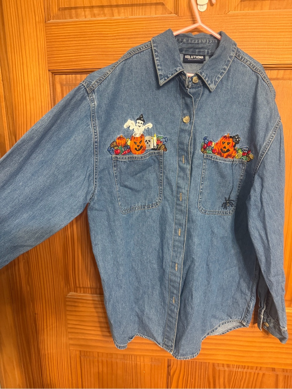 Vintage Solutions Halloween Denim Shirt - Blue with Pumpkin Embroidery
